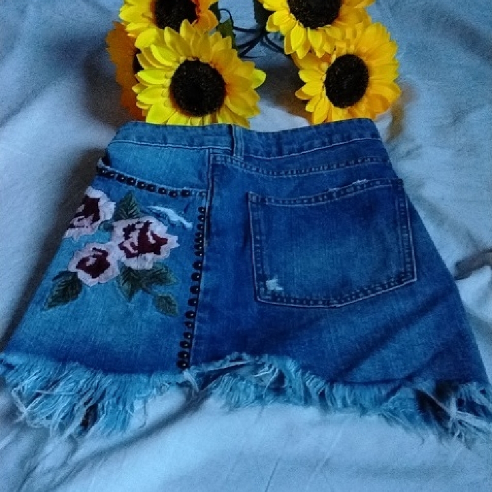 Free People Blue Denim Mini Skirt with Floral Embroidery